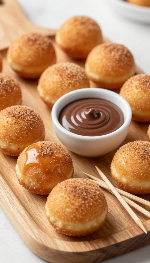 Cinnamon sugar donut holes on a wooden platter with chocolate dipping sauce
