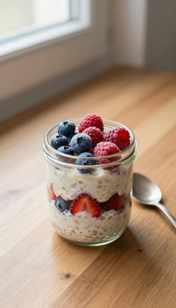 Overnight oats with berries in a mason jar on a wooden table, bright natural light.