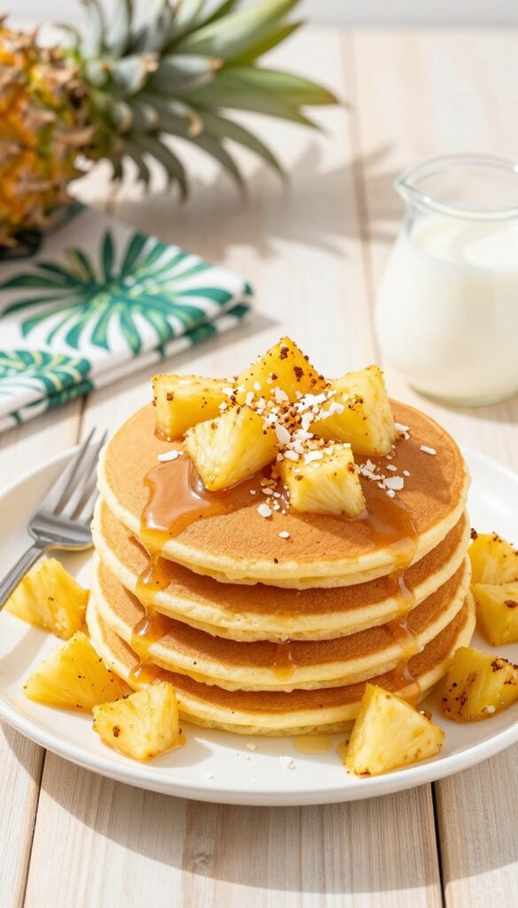 Fluffy coconut pancakes topped with caramelized pineapple and toasted coconut