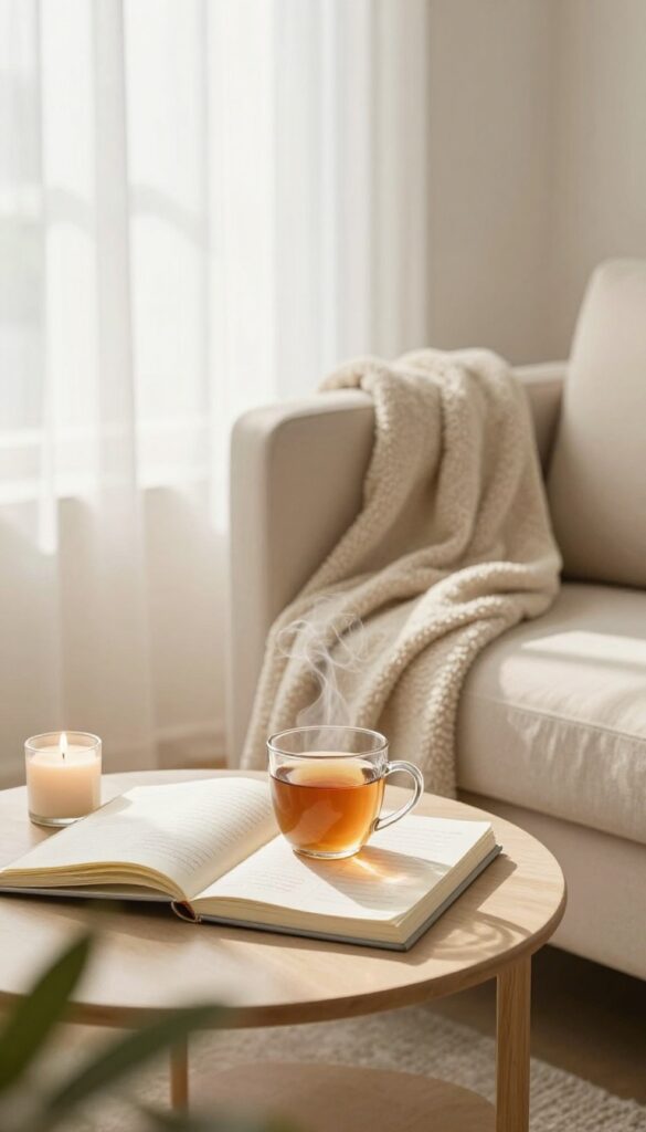Cozy living room corner with open guided journal, tea, and candle on coffee table