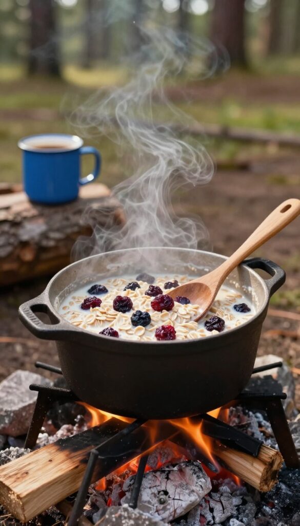 Campfire oatmeal with berries in a cast-iron pot, steam rising, rustic outdoor setting.