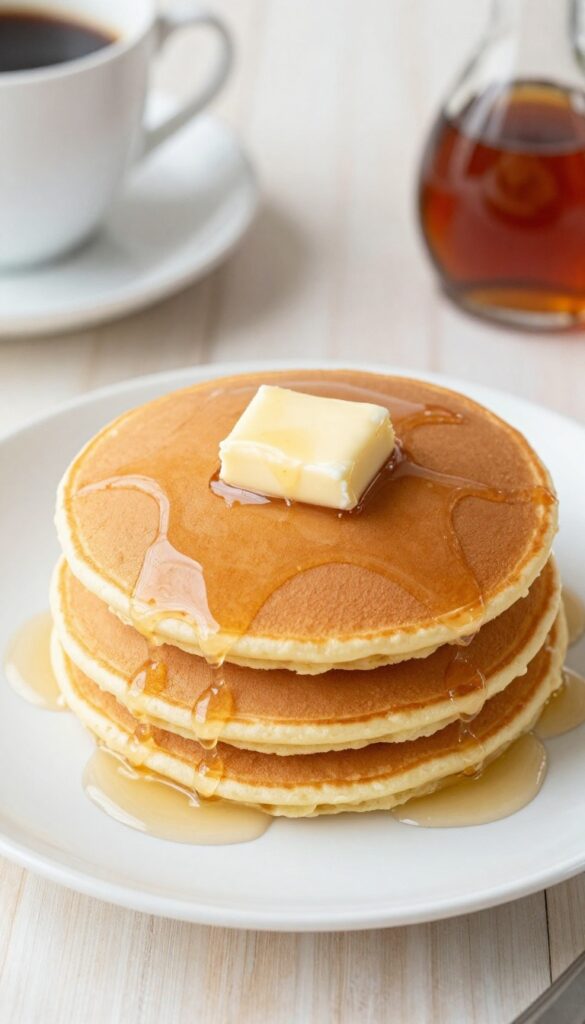 Stack of coconut flour pancakes with sugar-free syrup and melting butter on a plate