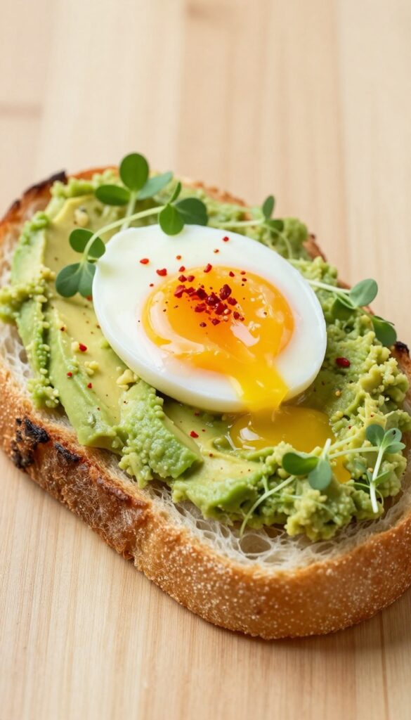 Avocado toast with jammy fried egg and chili flakes on a wooden table