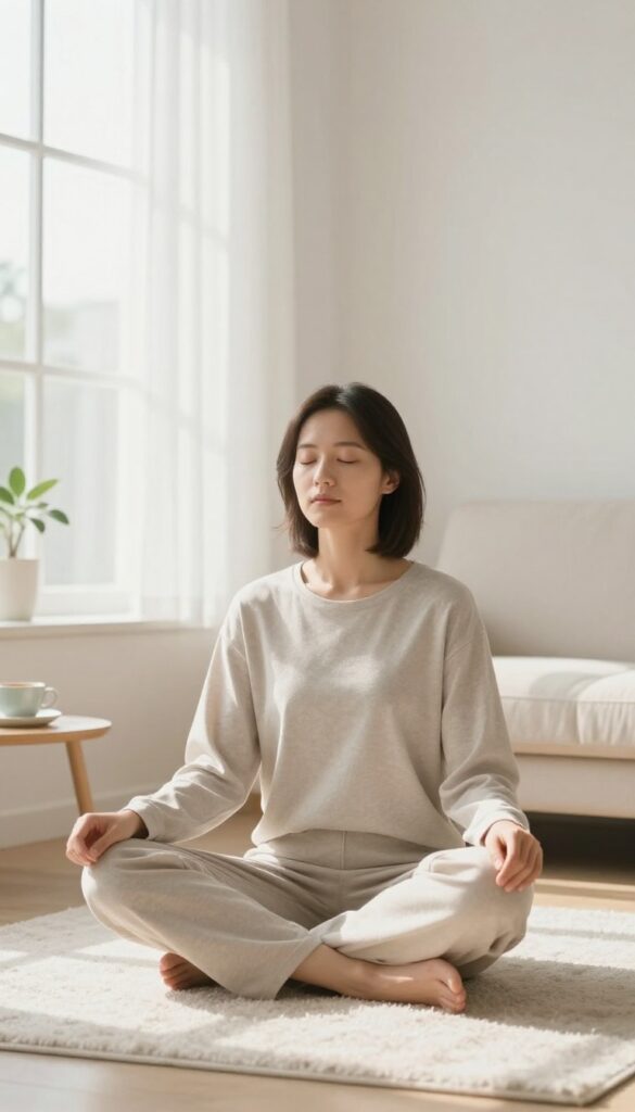 Person practicing deep breathing in a calm, sunlit room
