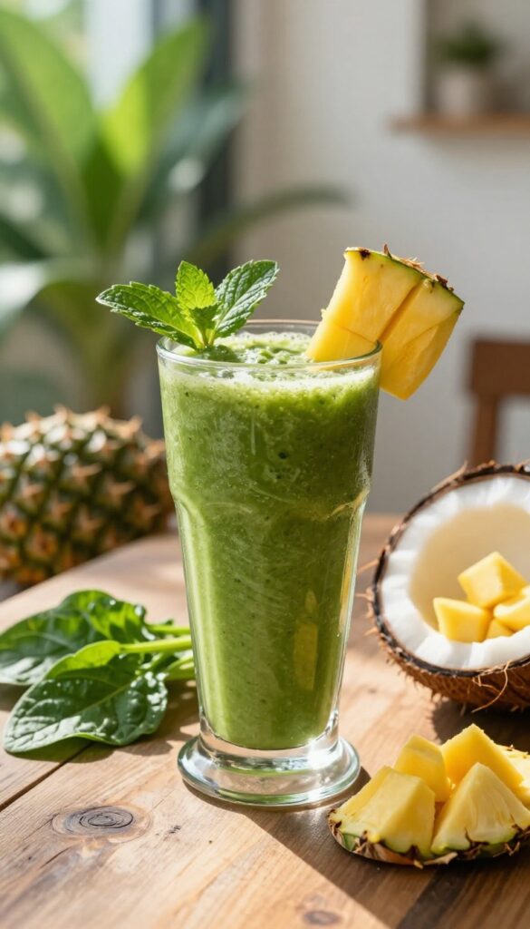 Tropical green smoothie in a glass with mango, pineapple, spinach, and coconut water on a wooden table