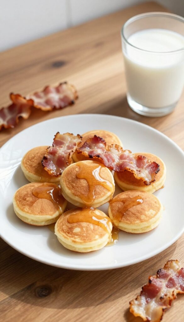Maple bacon pancake bites on a plate with a glass of milk and scattered bacon pieces.