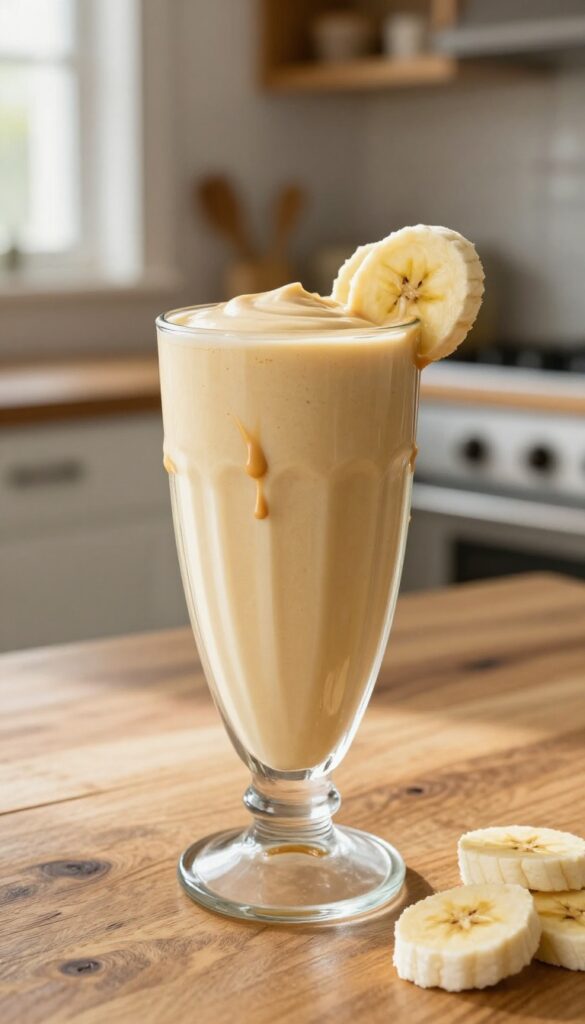 Peanut butter banana smoothie in a glass on a wooden table