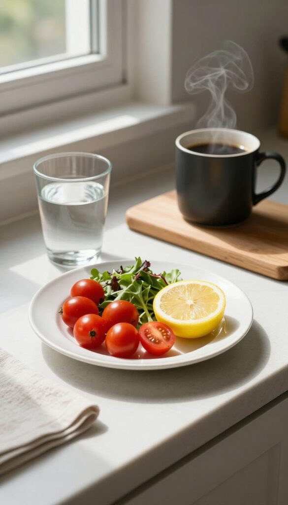 A minimalist kitchen scene with a small salad, water, and black coffee, representing a fasting day in alternate-day fasting.