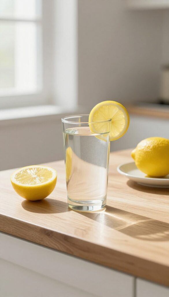 A glass of warm lemon water on a wooden counter in soft morning light