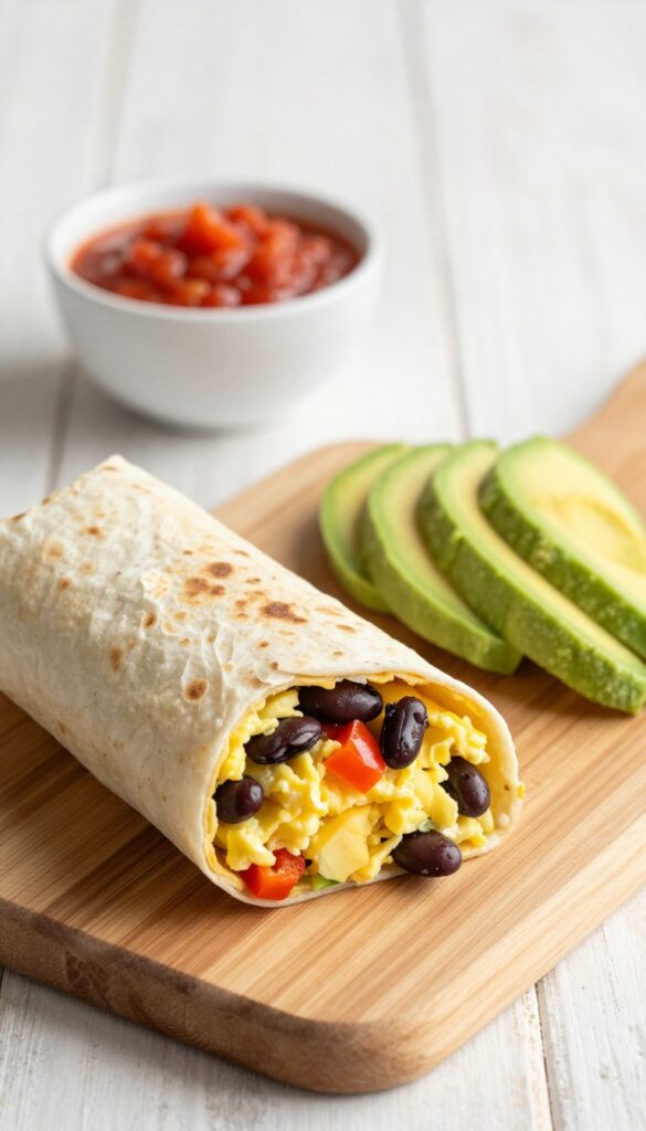 Veggie breakfast burrito cut in half on a wooden board with salsa and avocado