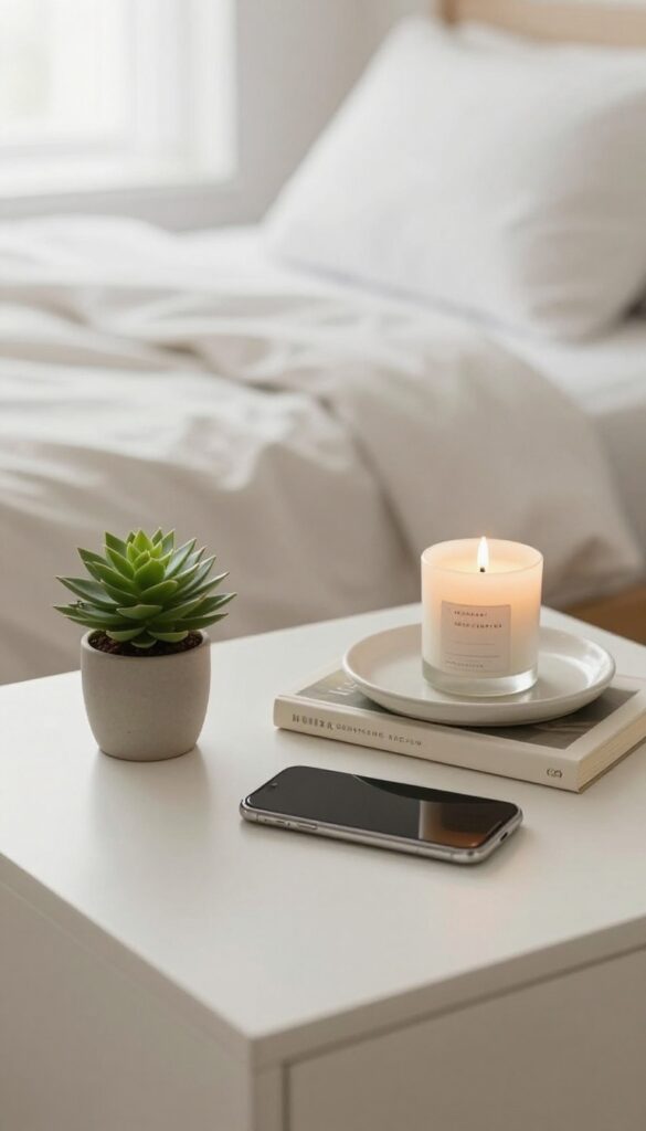A tidy minimalist nightstand with a plant, books, and candle in soft natural light