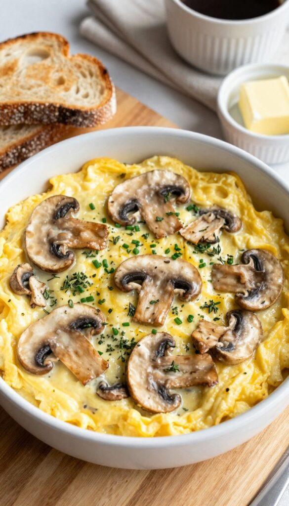 Mushroom and thyme egg scramble in a bowl with toast on a wooden table.