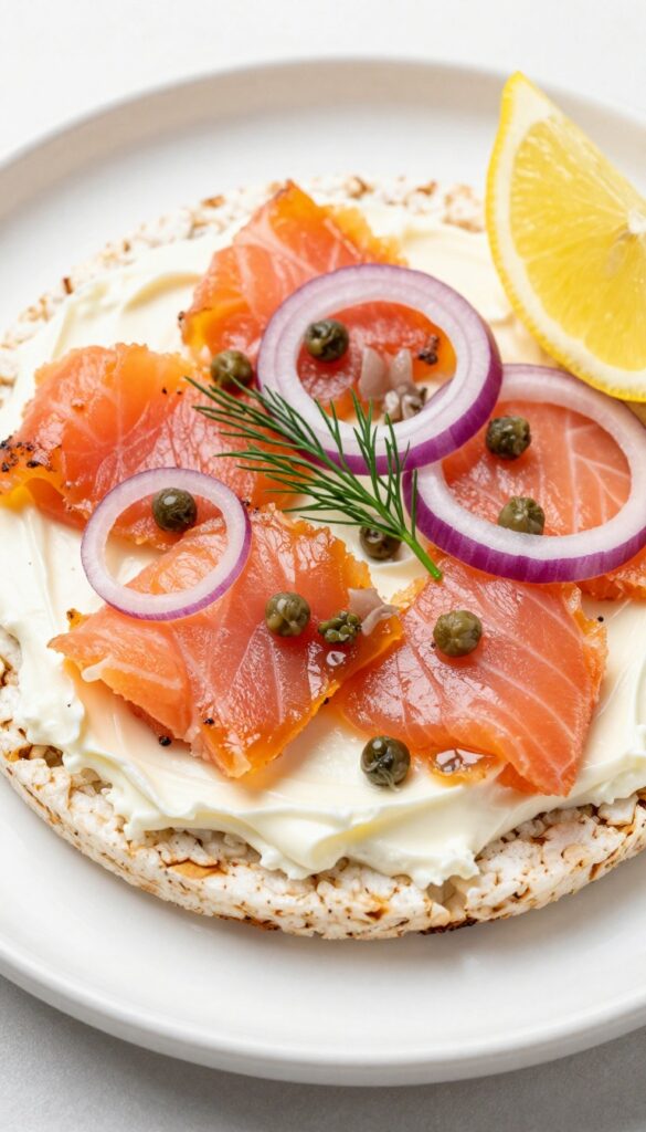 Rice cake with smoked salmon and cream cheese, garnished with capers, red onion, and dill, with a lemon wedge.