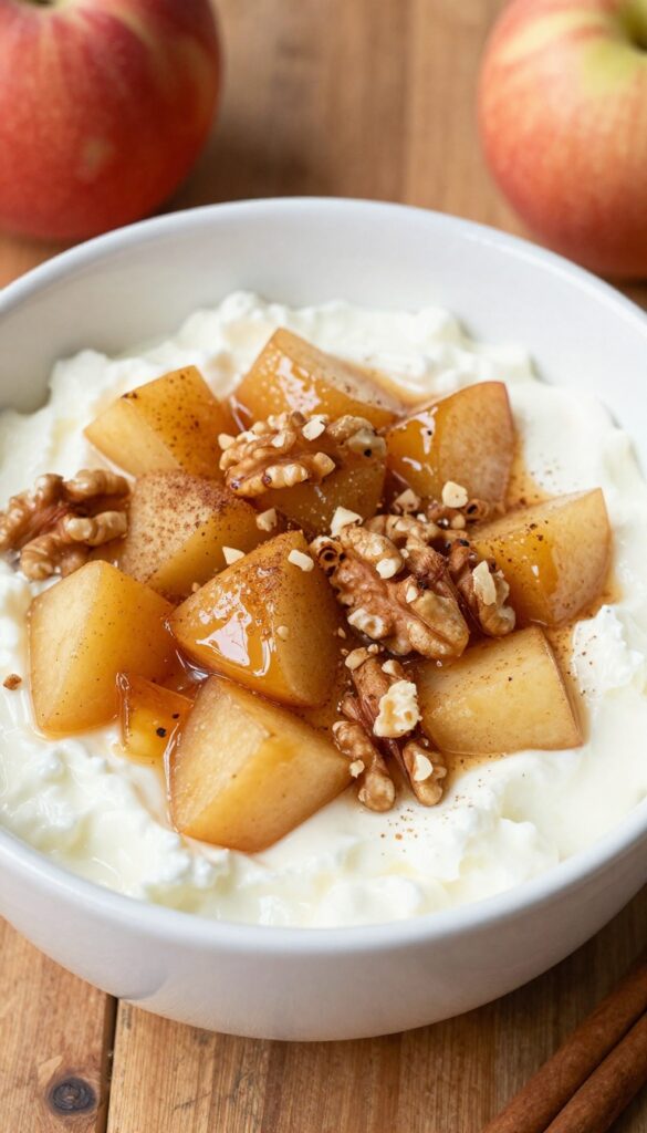 Cottage cheese bowl topped with warm cinnamon apples and walnuts on a wooden table.
