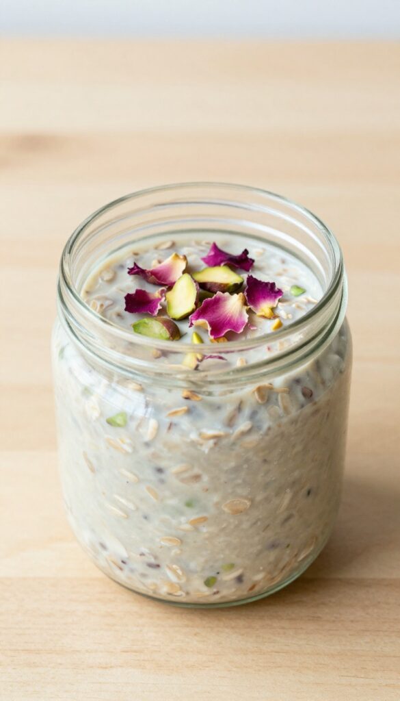 Cardamom rose overnight oats in a jar with pistachios and rose petals