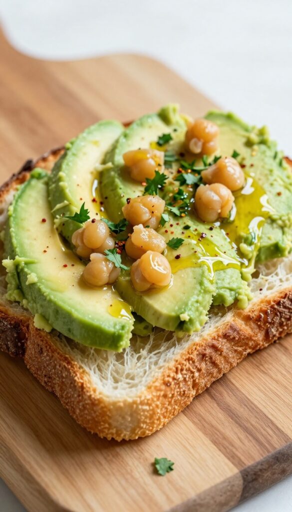 Avocado and smashed chickpea toast on a wooden board, garnished with parsley and red pepper flakes.
