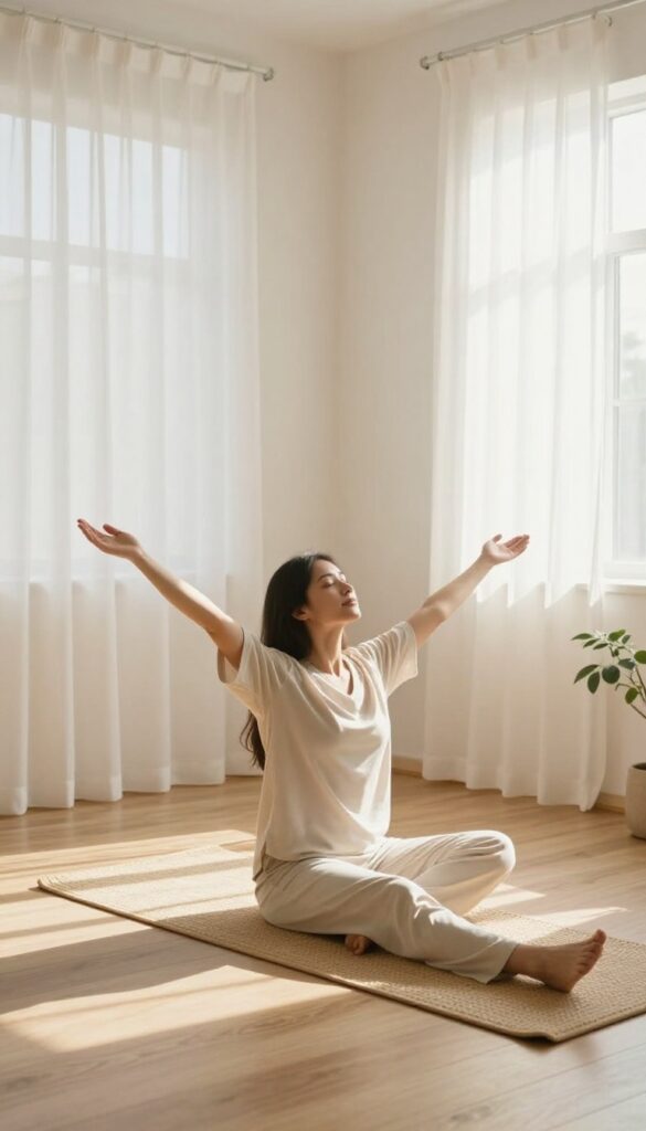 Person in pajamas doing a gentle stretch in a sunlit bedroom
