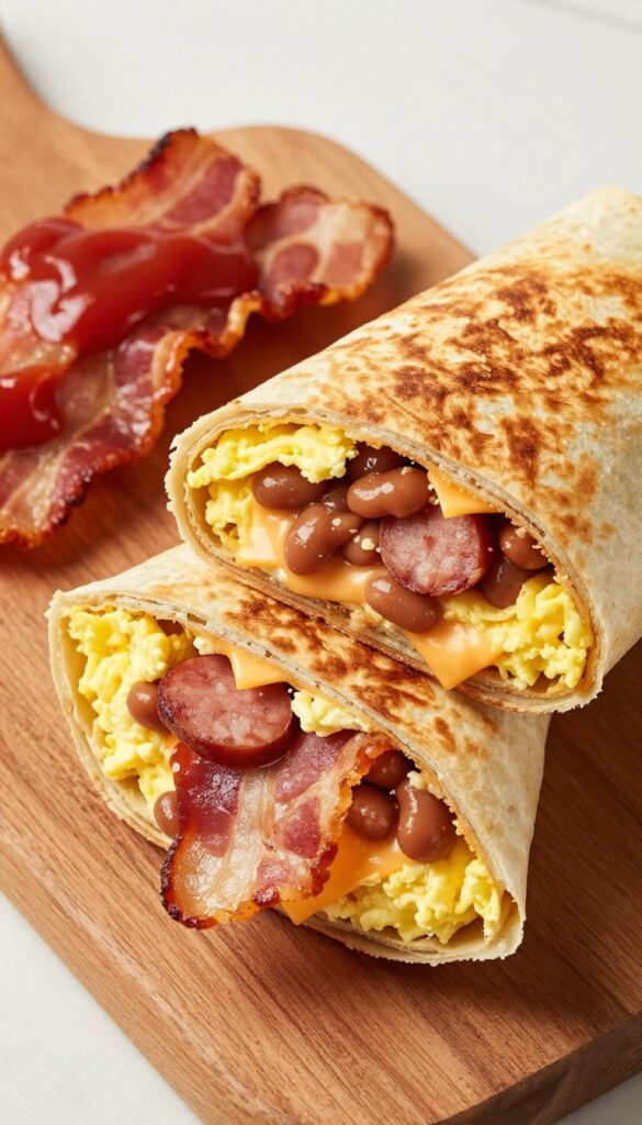 English breakfast burrito cut in half showing eggs, bacon, sausage, baked beans, and cheese.