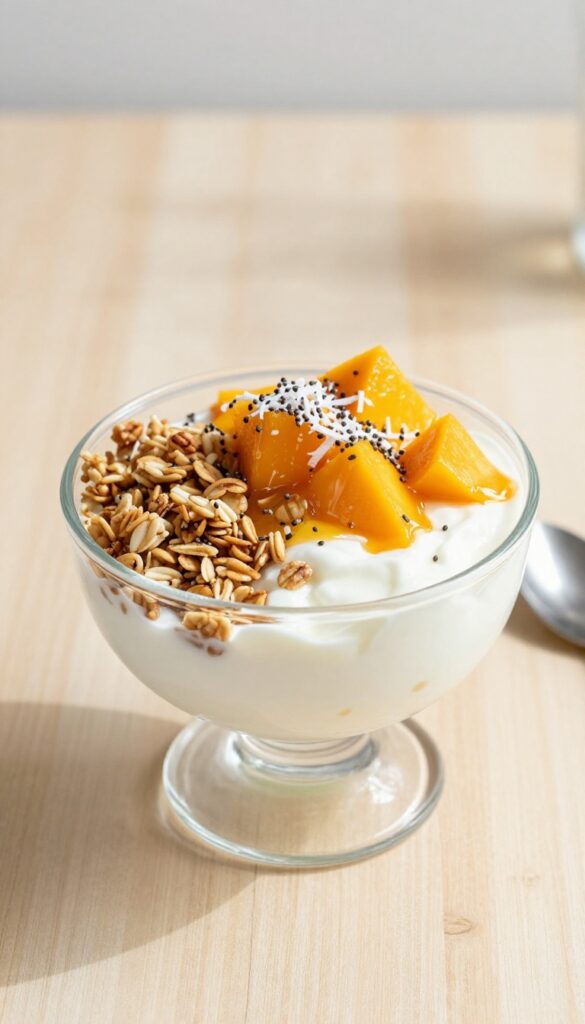 Greek yogurt parfait with granola and mango in a glass bowl