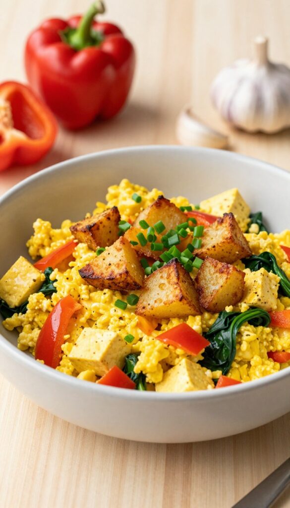 Tofu scramble breakfast bowl with turmeric, bell peppers, spinach, and crispy roasted potatoes, garnished with chives.