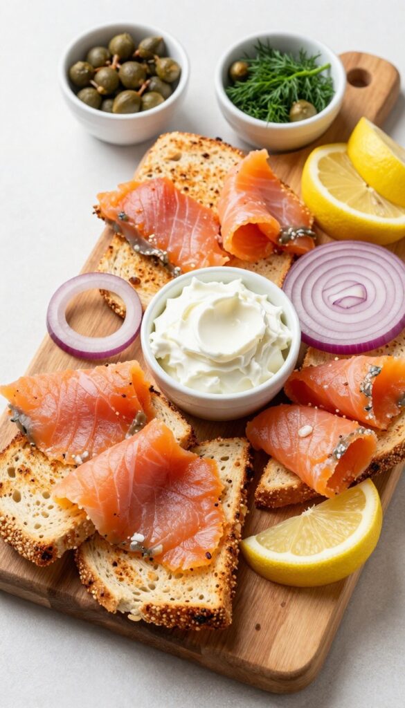 Smoked salmon and cream cheese bagel board with capers, dill, red onion, and lemon wedges on a wooden board.