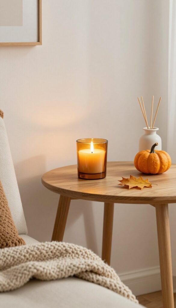 Cozy fall home decor with candle and diffuser on side table