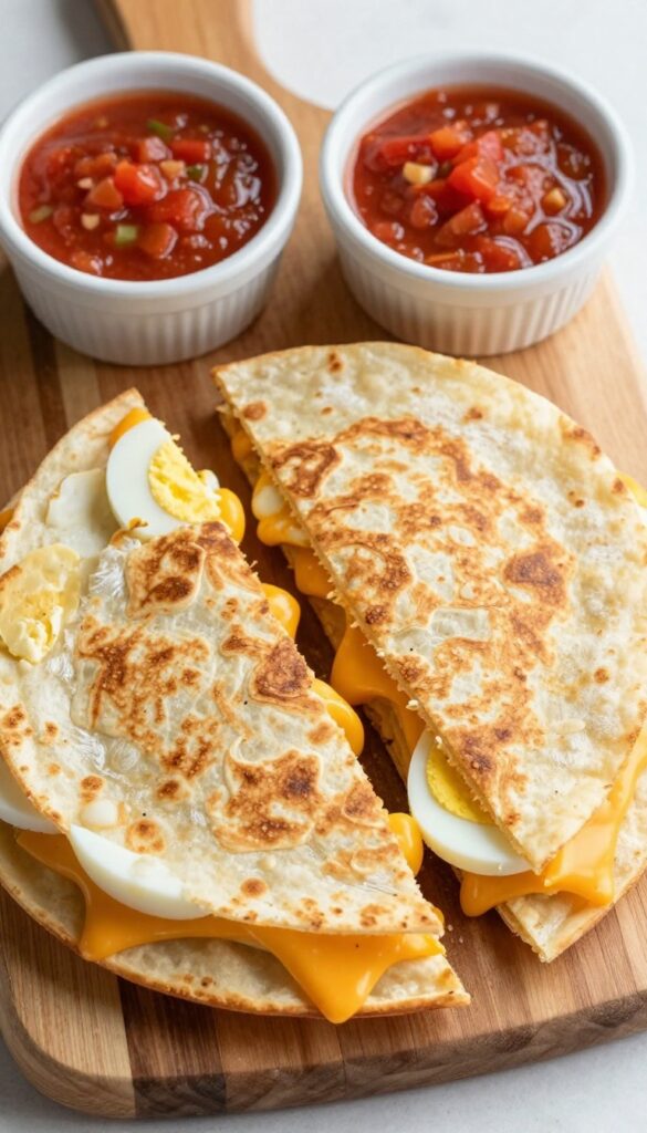 Crispy egg and cheese quesadilla wedges on a wooden board with salsa