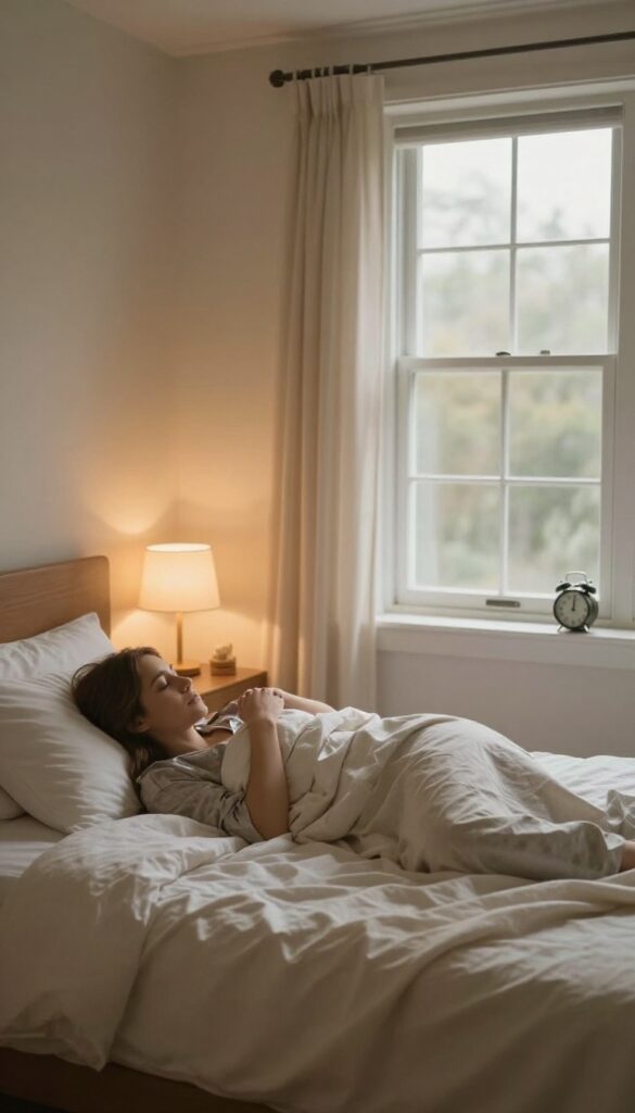 Woman going to bed early in a cozy bedroom with soft lighting and a warm duvet.
