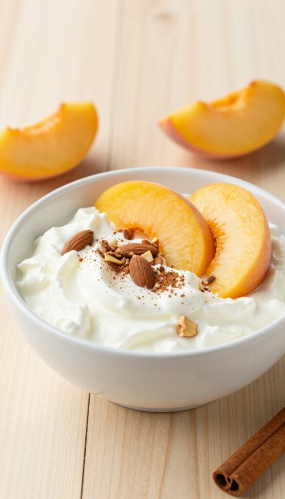 Cottage cheese and peach bowl with cinnamon and almonds