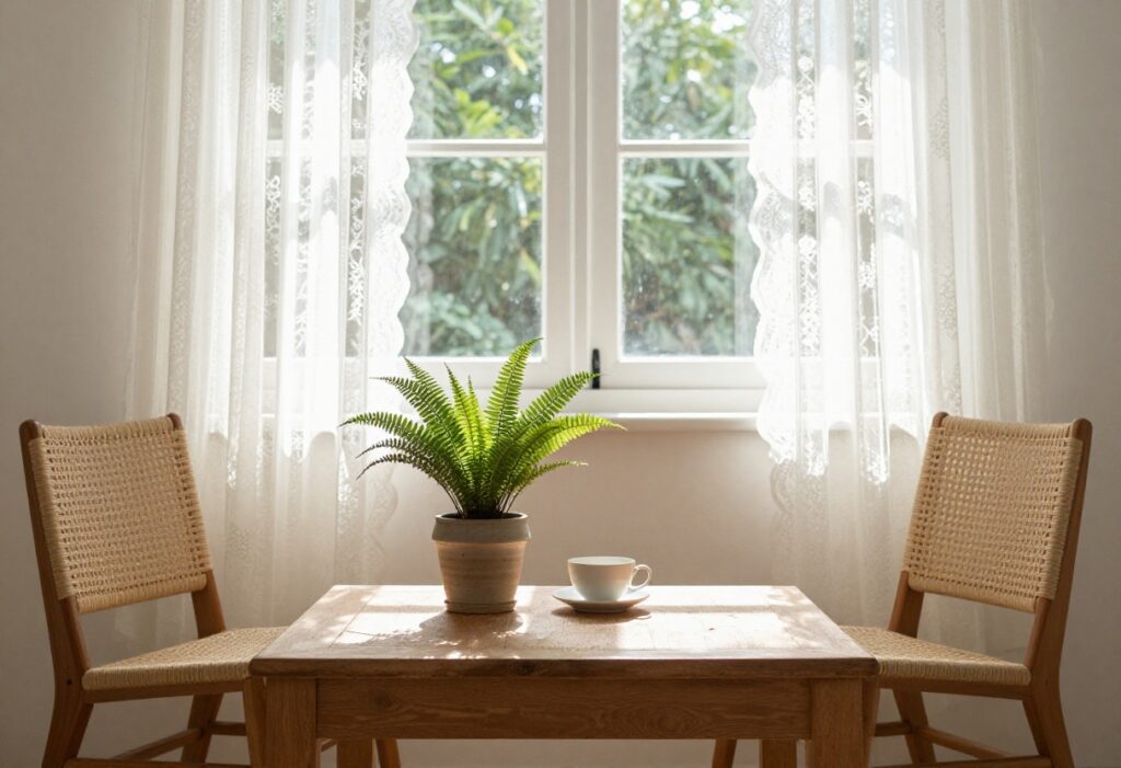 Cozy self-care corner with tea and plant in sunlit room