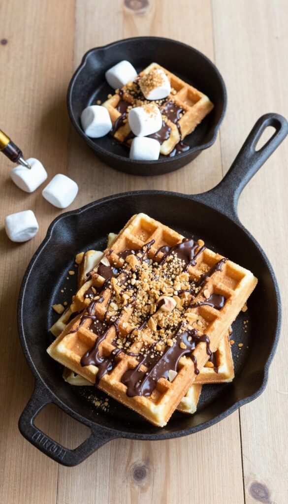 Stack of s'mores waffles with melted marshmallows, chocolate, and graham crackers on a wooden table.