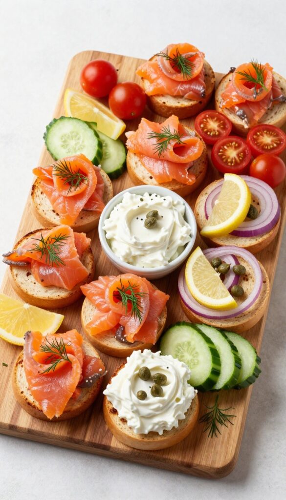 Bagel and smoked salmon board with cream cheese, capers, and fresh vegetables on a wooden platter
