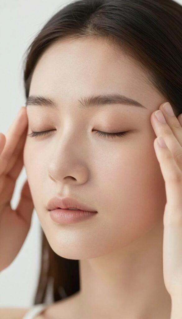Woman doing a quick face massage at her temples, eyes closed, relaxed expression, soft natural light, minimalist decor