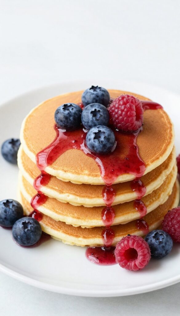 Fluffy vegan pancakes topped with berry compote on a white plate