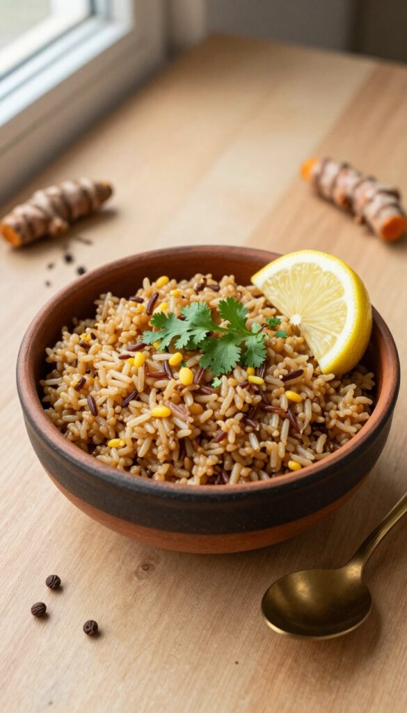 Brown rice khichdi in a clay bowl with cilantro and lemon, spoon on side, natural light