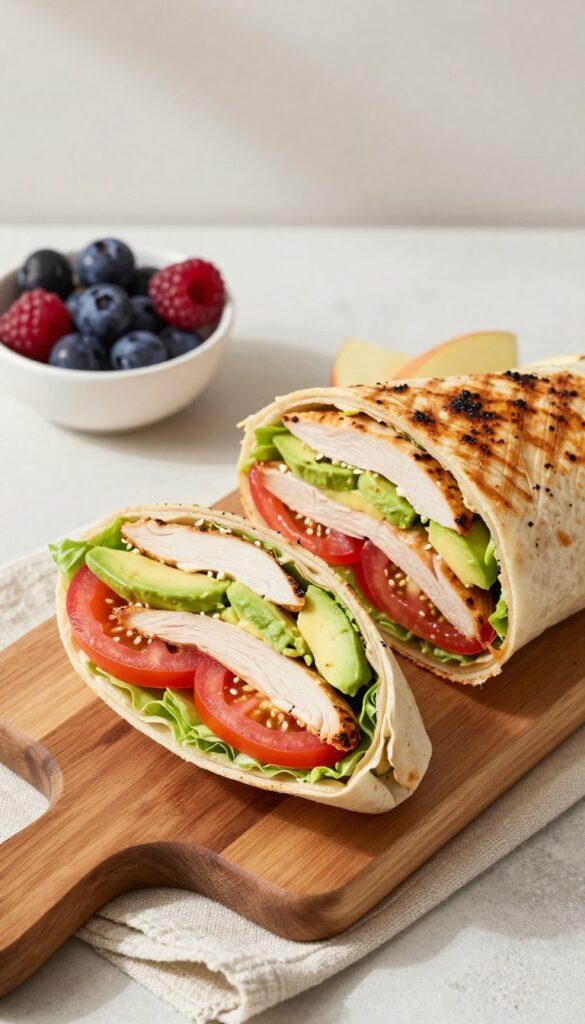 Turkey and avocado lettuce wrap cut in half on a wooden board with fresh berries and apple slices on the side