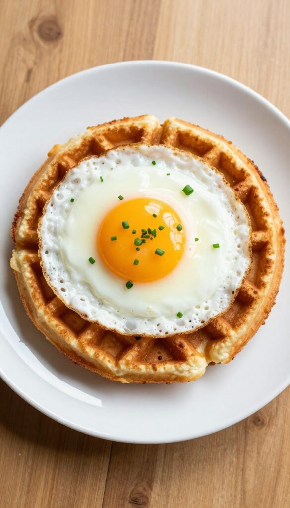 Crispy hash brown waffle topped with a fried egg and chives on a plate.
