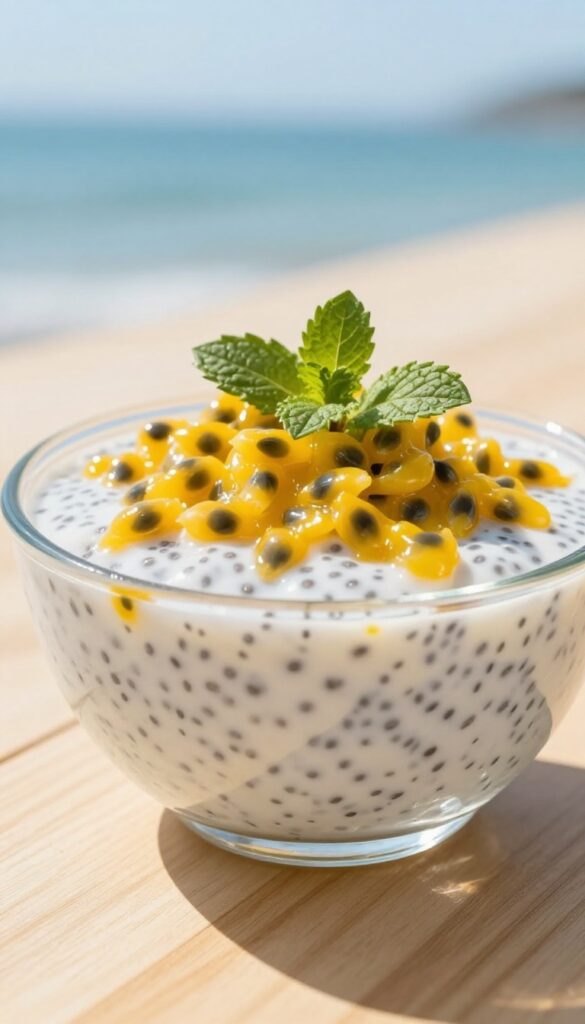 Chia seed pudding with passion fruit topping in a glass bowl, seaside background