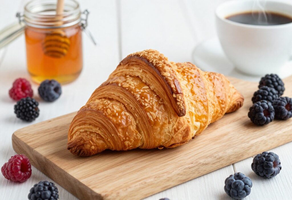 Golden croissant with berries and coffee on wooden board