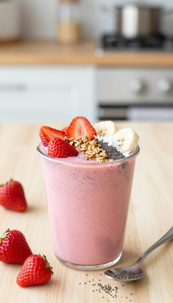 Strawberry banana smoothie bowl with toppings on a wooden table