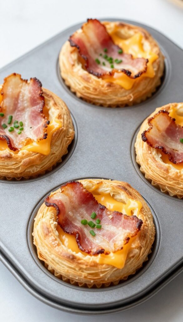 Bacon and cheddar puff pastry muffins in a muffin tin, golden and flaky with chives garnish.