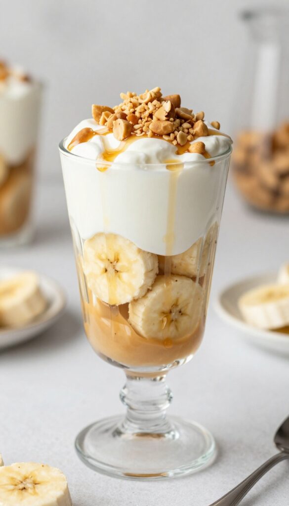 Banana peanut butter yogurt parfait in a glass with layers of yogurt, banana, and peanut butter, topped with crushed peanuts.