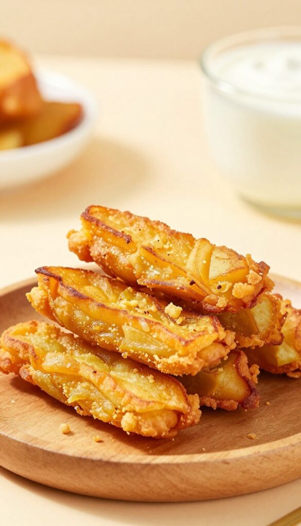 Golden sweet potato and apple fritters stacked on a wooden plate with yogurt dip.
