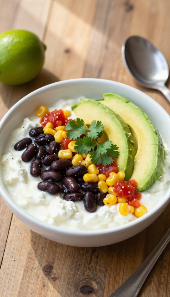 Cottage cheese and black bean salsa bowl with avocado and cilantro