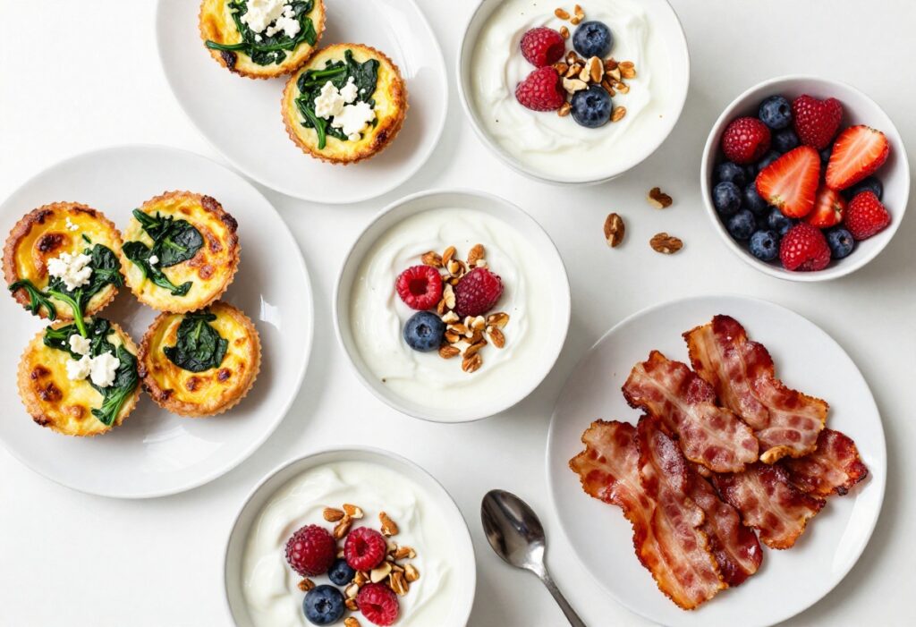 A colorful breakfast spread with egg muffins, Greek yogurt parfait, and bacon on a white table.