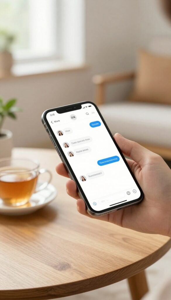 Hand holding a smartphone with a kind message on the screen in a cozy, sunlit room