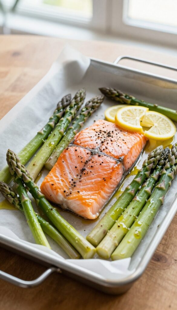Baked salmon fillet with asparagus on a parchment-lined baking sheet, seasoned with lemon and herbs.