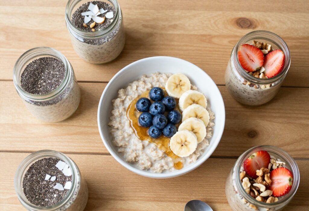 Overhead view of oatmeal breakfast bowls and jars with fresh fruit and nuts on a wooden table.
