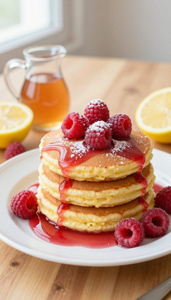 Lemon ricotta pancakes with raspberry syrup on a plate, garnished with fresh raspberries and powdered sugar.