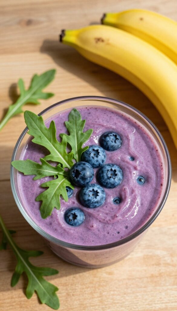 Blueberry arugula smoothie in a glass bowl with fresh blueberries and arugula leaves on a wooden table